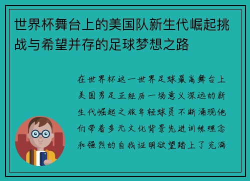世界杯舞台上的美国队新生代崛起挑战与希望并存的足球梦想之路
