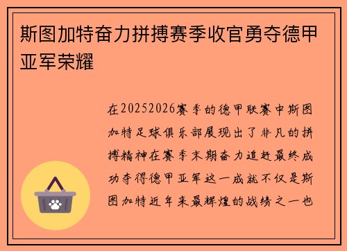 斯图加特奋力拼搏赛季收官勇夺德甲亚军荣耀