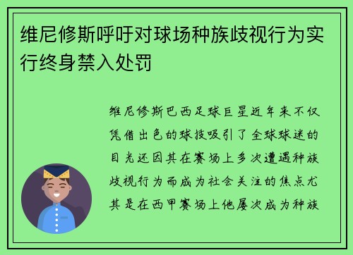 维尼修斯呼吁对球场种族歧视行为实行终身禁入处罚 维尼修斯呼吁对球场种族歧视行为实行终身禁入处罚